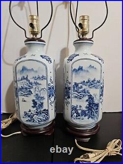 VINTAGE Pair of Japanese Style Floral White & Blue Porcelain Painted Lamps Work