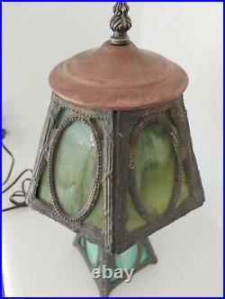 VINTAGE Small Ornate Boudoir Vanity GREEN Slag Glass Table Lamp