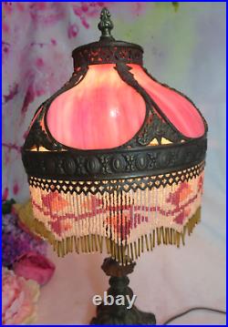 VINTAGE Tiffany style PINK GLASS table LAMP glass beaded fringe METAL BASE 21 h