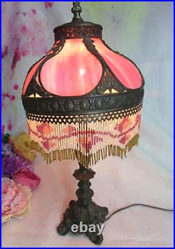 VINTAGE Tiffany style PINK GLASS table LAMP glass beaded fringe METAL BASE 21 h