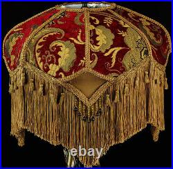 VINTAGE VICTORIAN LAMP SHADE RED GOLD CHENILLE FABRIC With SILK STUNNING SHADE