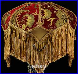 VINTAGE VICTORIAN LAMP SHADE RED GOLD CHENILLE FABRIC With SILK STUNNING SHADE