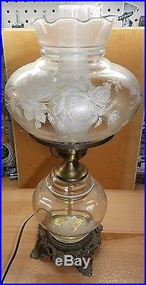 VINTAGE antique clear GLASS FLORAL ROSE HURRICANE LAMPS 21 brass base
