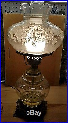 VINTAGE antique clear GLASS FLORAL ROSE HURRICANE LAMPS 21 brass base