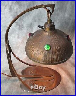 VTG 1910's Jugendstil Art Nouveau Jeweled Brass Lillypad Desk/Table Lamp