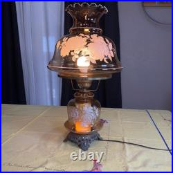 VTG 70s Plymouth Harlee Amber Glass Hurricane Lamp Frosted Rose Floral 3-Way 25