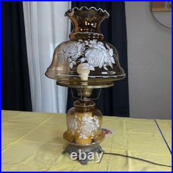 VTG 70s Plymouth Harlee Amber Glass Hurricane Lamp Frosted Rose Floral 3-Way 25 VTG 70s Plymouth Harlee Amber Glass Hurricane Lamp Frosted Rose Floral 3-Way 25