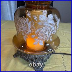 VTG 70s Plymouth Harlee Amber Glass Hurricane Lamp Frosted Rose Floral 3-Way 25