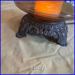 VTG 70s Plymouth Harlee Amber Glass Hurricane Lamp Frosted Rose Floral 3-Way 25