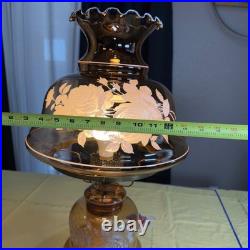 VTG 70s Plymouth Harlee Amber Glass Hurricane Lamp Frosted Rose Floral 3-Way 25