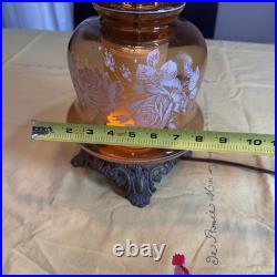 VTG 70s Plymouth Harlee Amber Glass Hurricane Lamp Frosted Rose Floral 3-Way 25