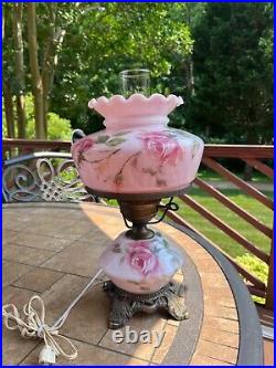 VTG ANTIQUE pink hand painted ROSES 3 WAY HURRICANE TABLE LAMP 16
