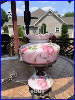 VTG ANTIQUE pink hand painted ROSES 3 WAY HURRICANE TABLE LAMP 16