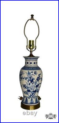 VTG. Blue & White Porcelain Floral Design Table Lamp withBrass Base