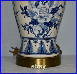 VTG. Blue & White Porcelain Floral Design Table Lamp withBrass Base
