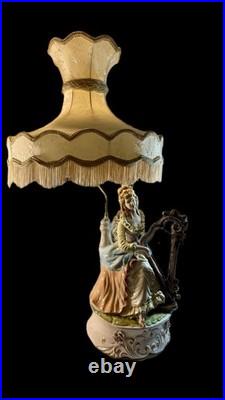 VTG Capodimonte LARGE Figural Table Lamp WithShade Lady Playing Harp 40 In Tall