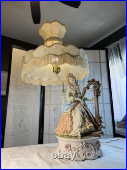 VTG Capodimonte LARGE Figural Table Lamp WithShade Lady Playing Harp 40 In Tall