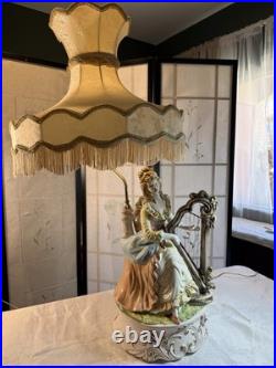 VTG Capodimonte LARGE Figural Table Lamp WithShade Lady Playing Harp 40 In Tall