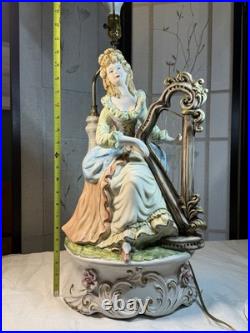 VTG Capodimonte LARGE Figural Table Lamp WithShade Lady Playing Harp 40 In Tall