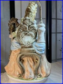 VTG Capodimonte LARGE Figural Table Lamp WithShade Lady Playing Harp 40 In Tall