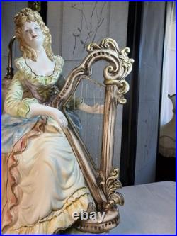 VTG Capodimonte LARGE Figural Table Lamp WithShade Lady Playing Harp 40 In Tall