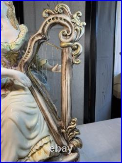 VTG Capodimonte LARGE Figural Table Lamp WithShade Lady Playing Harp 40 In Tall