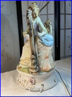 VTG Capodimonte LARGE Figural Table Lamp WithShade Lady Playing Harp 40 In Tall