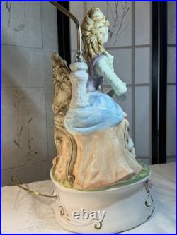 VTG Capodimonte LARGE Figural Table Lamp WithShade Lady Playing Harp 40 In Tall