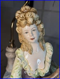 VTG Capodimonte LARGE Figural Table Lamp WithShade Lady Playing Harp 40 In Tall