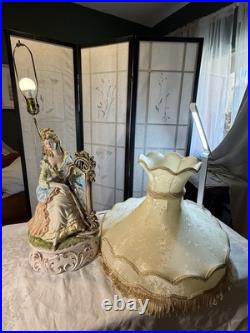 VTG Capodimonte LARGE Figural Table Lamp WithShade Lady Playing Harp 40 In Tall