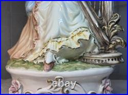 VTG Capodimonte LARGE Figural Table Lamp WithShade Lady Playing Harp 40 In Tall