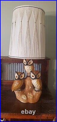 VTG Chalkware Plaster Triple Owl Mid Century Modern Table Lamp with shade