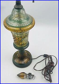 VTG Czech Bohemian Amber Cut Glass Lamp with Matching Finial Green & Floral 30 T