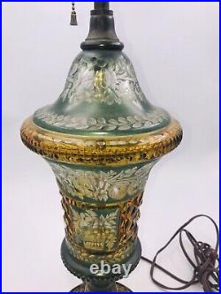 VTG Czech Bohemian Amber Cut Glass Lamp with Matching Finial Green & Floral 30 T