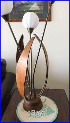 VTG Danish Mid Century Modern Teak Wood Brass Tulip Table Lamp Eames Era Retro