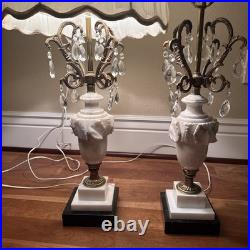 VTG Hollywood Regency Alabaster Glam Marble Crystal Prism Boudoir Lamps (2)