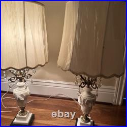 VTG Hollywood Regency Alabaster Glam Marble Crystal Prism Boudoir Lamps (2)
