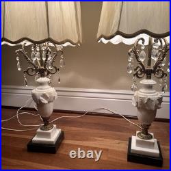 VTG Hollywood Regency Alabaster Glam Marble Crystal Prism Boudoir Lamps (2)