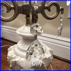 VTG Hollywood Regency Alabaster Glam Marble Crystal Prism Boudoir Lamps (2)