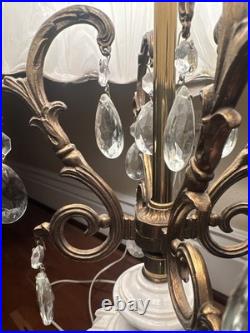 VTG Hollywood Regency Alabaster Glam Marble Crystal Prism Boudoir Lamps (2)