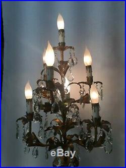 VTG Hollywood Regency Italian Tole Gilt Tree Shaped Crystal Prisms Table Lamp