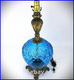 VTG Large Blue Glass Lamp Hollywood Regency Embossed Grapes Leaves Mid Century