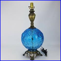 VTG Large Blue Glass Lamp Hollywood Regency Embossed Grapes Leaves Mid Century