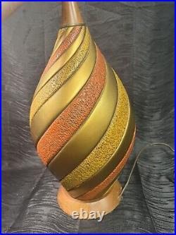 VTG Mid Century Chalkware Genie Lamp Gold Orange Atomic MCM Lamp Swirl Stripe