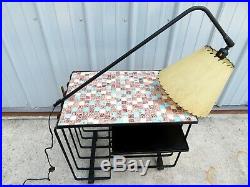 VTG Mid Century MODERNIST WROUGHT IRON & TILE MOSAIC TABLE With LAMP French RETRO