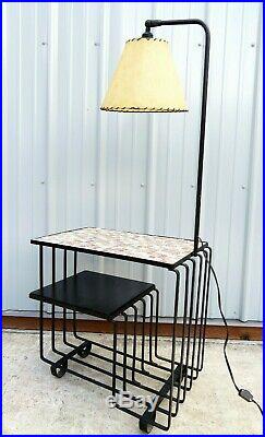 VTG Mid Century MODERNIST WROUGHT IRON & TILE MOSAIC TABLE With LAMP French RETRO