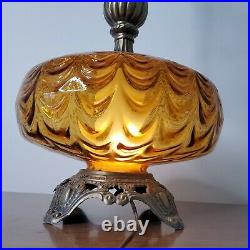 VTG Mid Century Modern Amber/ Orange Glass Table Lamp With Night Light Large
