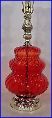VTG Mid Century Modern Red Glass Table Lamp With Night Light Retro 1960's
