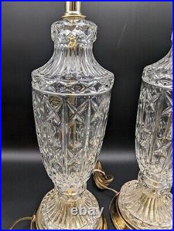 VTG PAIR Cut Lead Crystal Glass Hollywood Regency Urn Table Lamp Brass 3 way 20