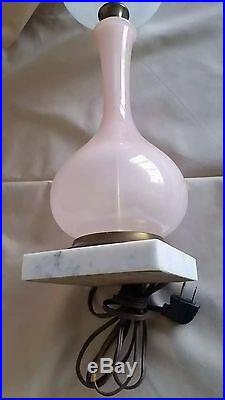 VTG PINK Hand Blown Glass Lamp Opaline Table WHITE Font Marble Brass Murano